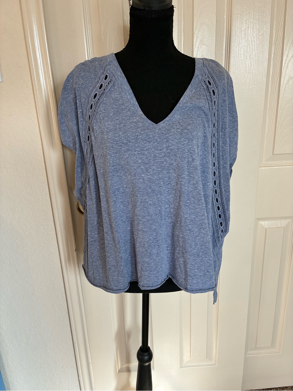 Three Bird Nest Heather Blue V-Neck Knit Tunic with Eyelet Detail